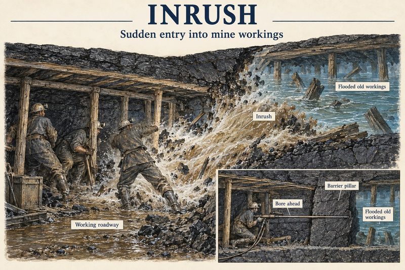 Water and debris burst from flooded old workings into a working roadway as miners flee, with an inset of a borehole driven ahead through a barrier pillar.