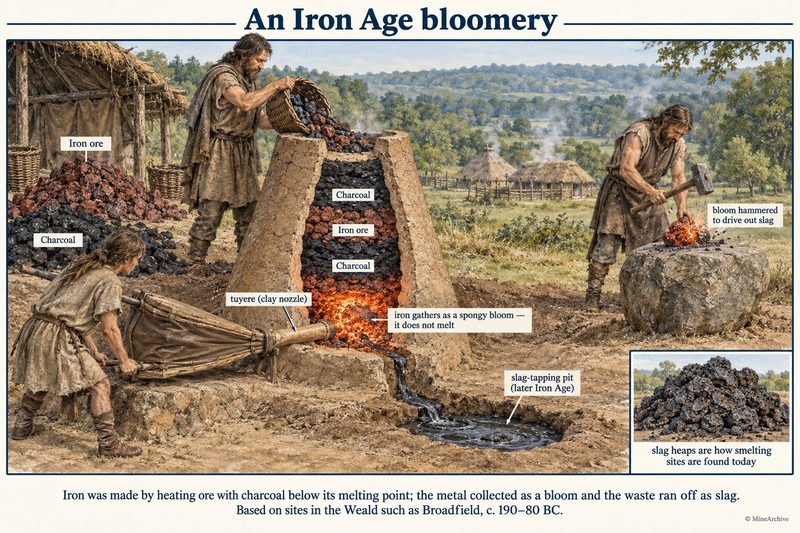 Cutaway of a clay shaft furnace loaded with ore and charcoal, blown by leather bellows through a clay tuyere, with slag running into a pit and a bloom hammered on a stone.