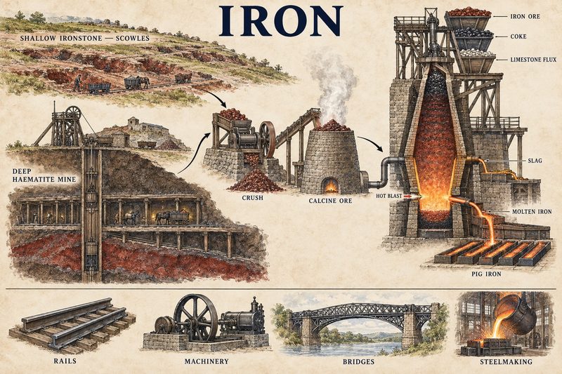 Shallow ironstone scowles and a deep haematite mine feeding crushing, calcining and a blast furnace charged with ore, coke and limestone flux.