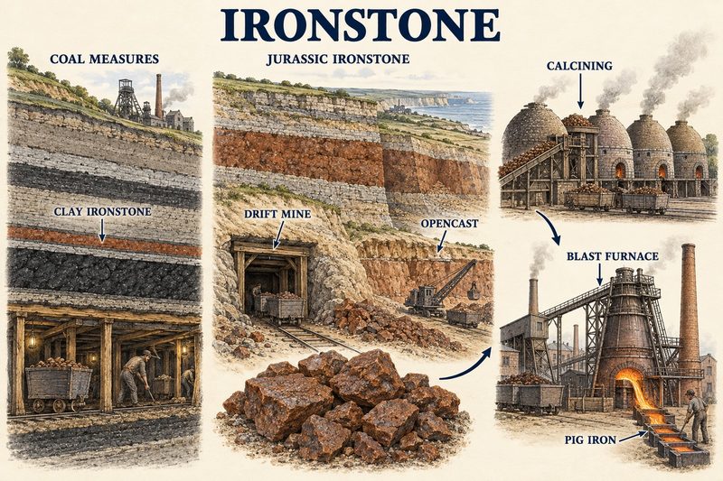 Clay ironstone among the Coal Measures worked underground, a Jurassic ironstone cliff with a drift mine and an opencast face, calcining kilns and a blast furnace running pig iron.