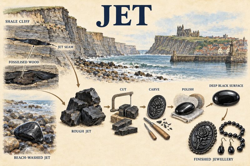 Diagram of a Whitby shale cliff with a jet seam of fossilised wood, jet washed up on the beach below, and rough jet cut, carved and polished into brooches, beads and earrings.