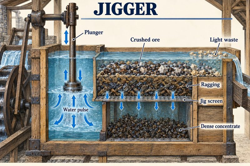 Cutaway of a jigger, a plunger worked by a waterwheel pulsing water through ragging on a screen so the dense ore settles below.