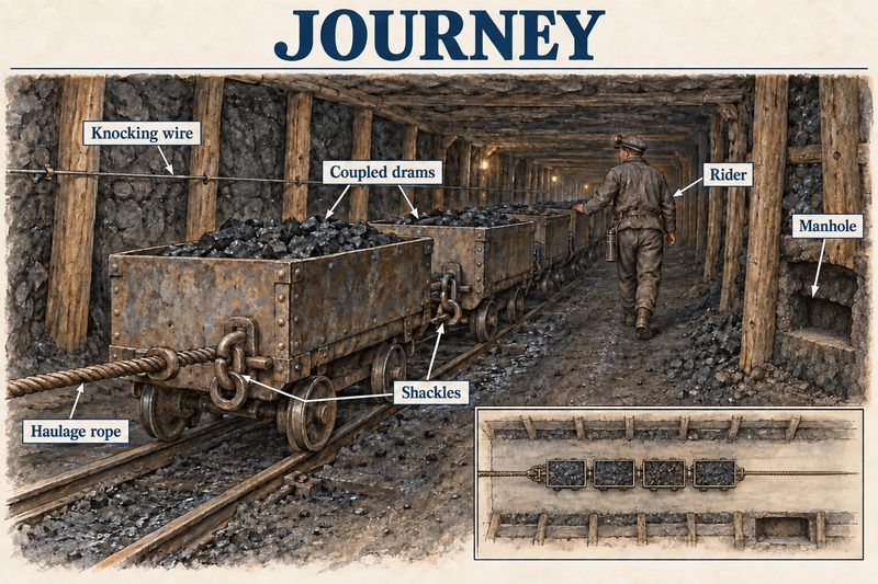 Diagram of coupled coal drams hauled by rope through a timbered roadway, with the rider, knocking wire and refuge manhole labelled.