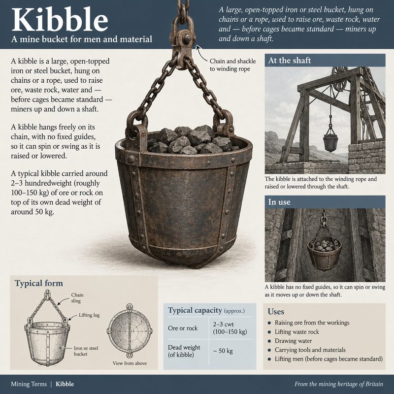 A riveted iron kibble full of ore hanging from a chain, with smaller views of it below a headframe and in a shaft.