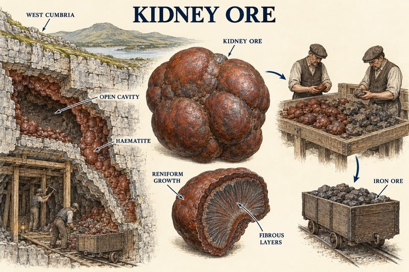 A West Cumbrian working with haematite lining an open cavity, a rounded kidney ore mass, a cut lump showing its reniform growth in fibrous layers, and the ore sorted into a wagon.