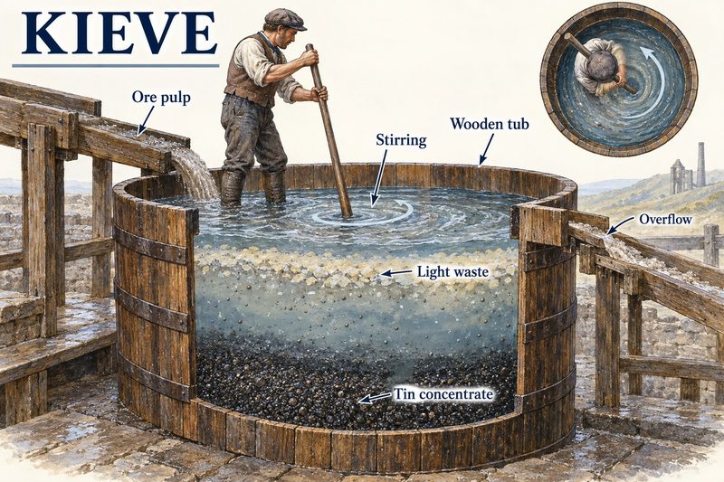 A man stirring ore pulp in a large wooden kieve, the tub cut away to show light waste above and tin concentrate settled on the bottom.