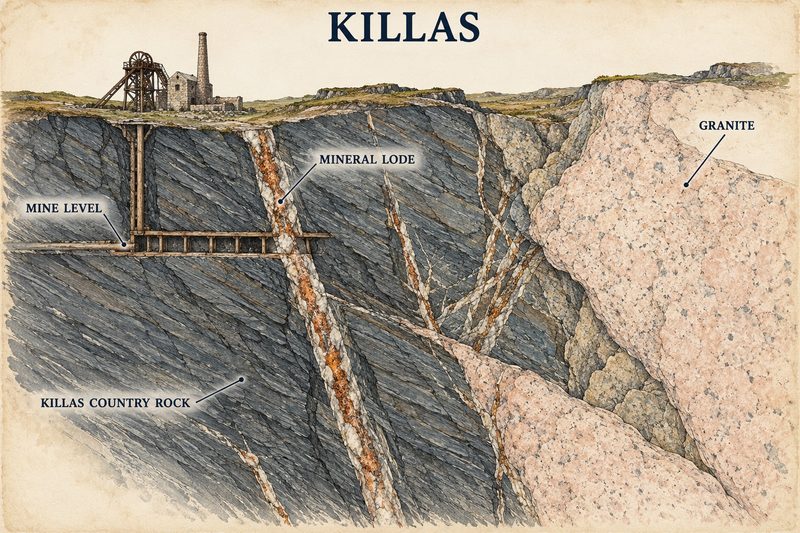 Section of grey slaty killas cut by mineral lodes and a mine level, with pink granite intruding beside it.