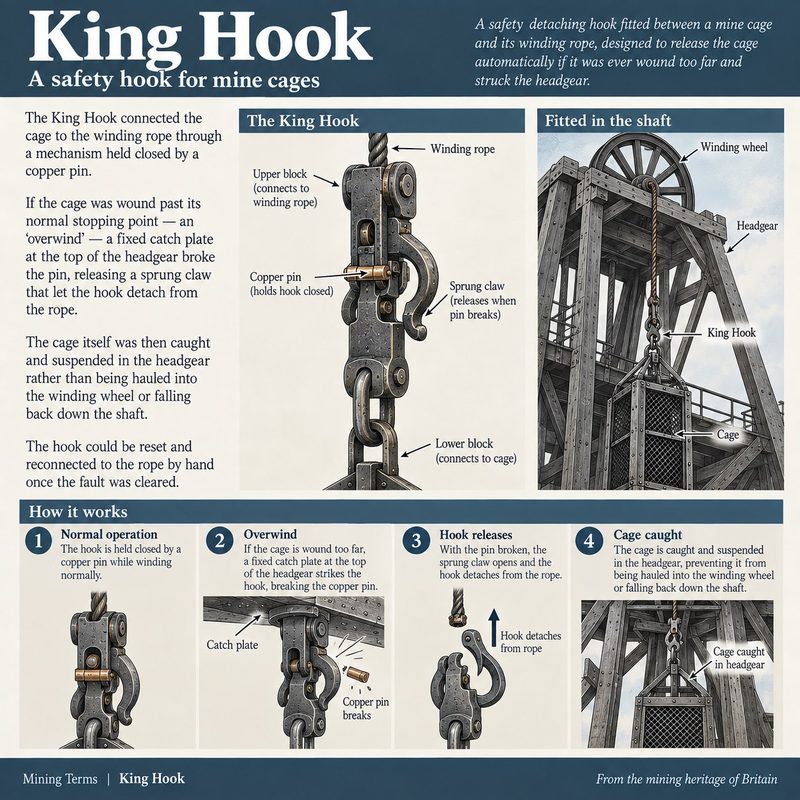 A King detaching hook drawn in detail between the winding rope and the cage, with the stages by which it releases and holds the cage after an overwind.