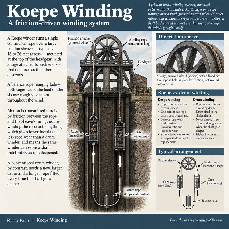 Koepe winding headgear with a grooved friction sheave carrying one continuous rope, a cage rising in the shaft as the other descends, and a balance rope below.