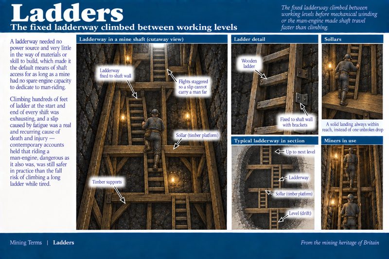 Cutaway of a timbered shaft ladderway in short, staggered flights, each landing on a timber platform called a sollar.