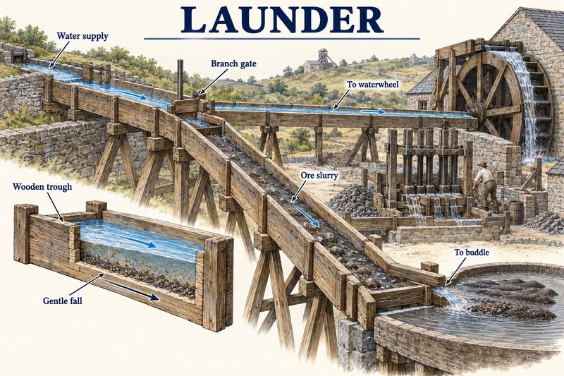 Wooden launders on trestles carrying water to a waterwheel and ore slurry from the stamps down to a round buddle.