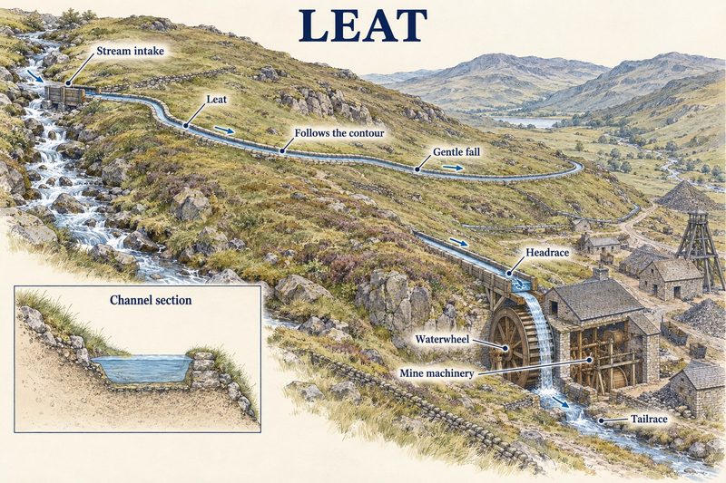 A narrow stone-lined channel winding along a hillside from a stream intake to an overshot waterwheel at a mine in the valley.