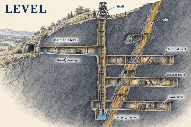 Cutaway of a shaft with an adit level draining out to the hillside by gravity and deeper levels below it that need pumping.