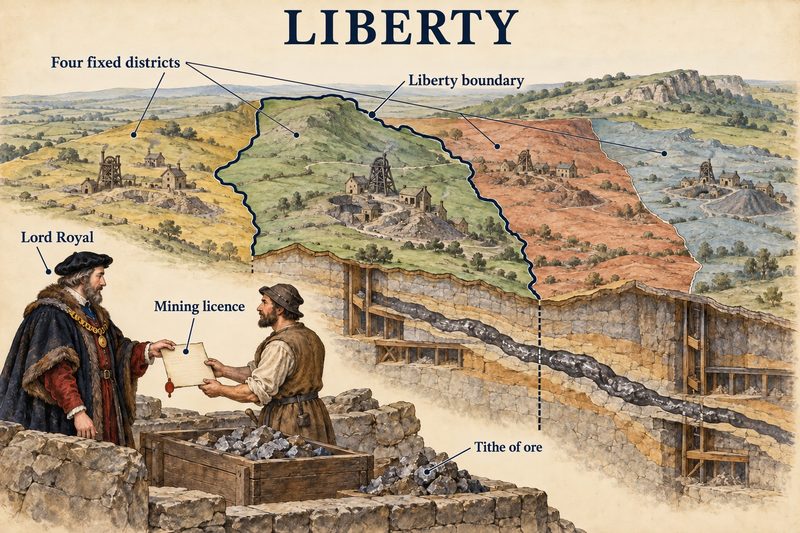 The four fixed lead-mining districts of the Mendips, a Lord Royal handing a miner a licence, and the tithe of ore paid in return.