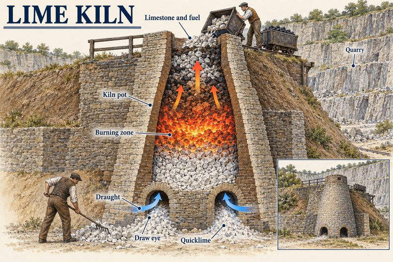 A draw kiln built into a bank at a quarry foot, charged from above with limestone and fuel, with quicklime raked out at the draw eyes.