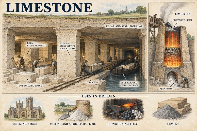 An underground limestone quarry worked pillar and stall with tramway and boat haulage, beside a lime kiln burning stone to quicklime.