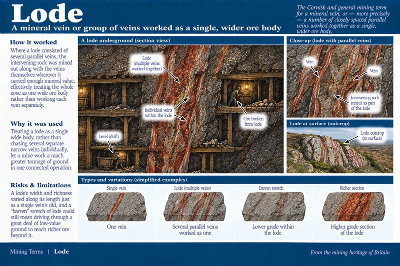 Section through several close parallel veins worked together as one wide lode from three timbered levels.