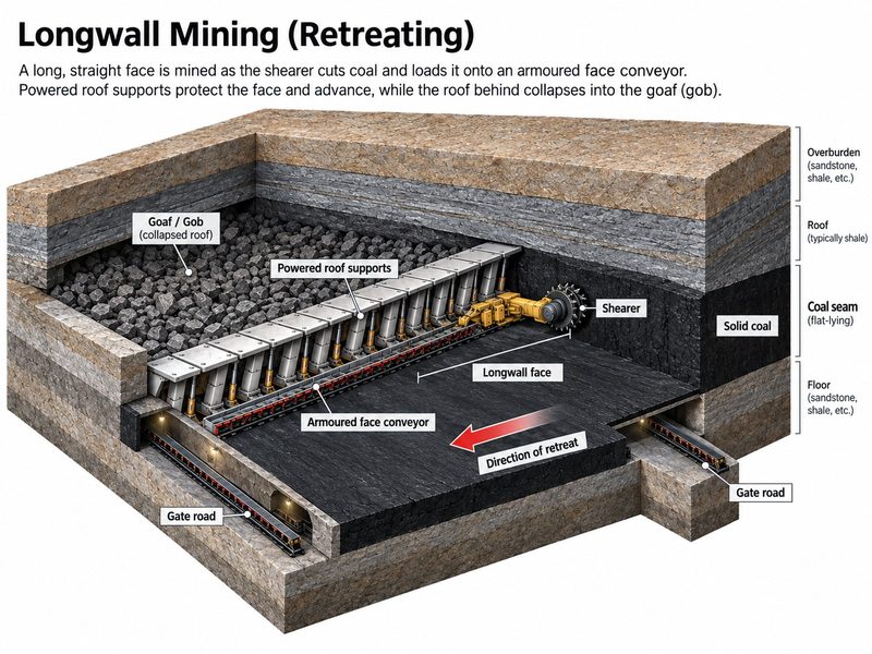 Cutaway of a retreating longwall face, a shearer on the face conveyor under powered supports with the goaf behind and solid coal ahead.