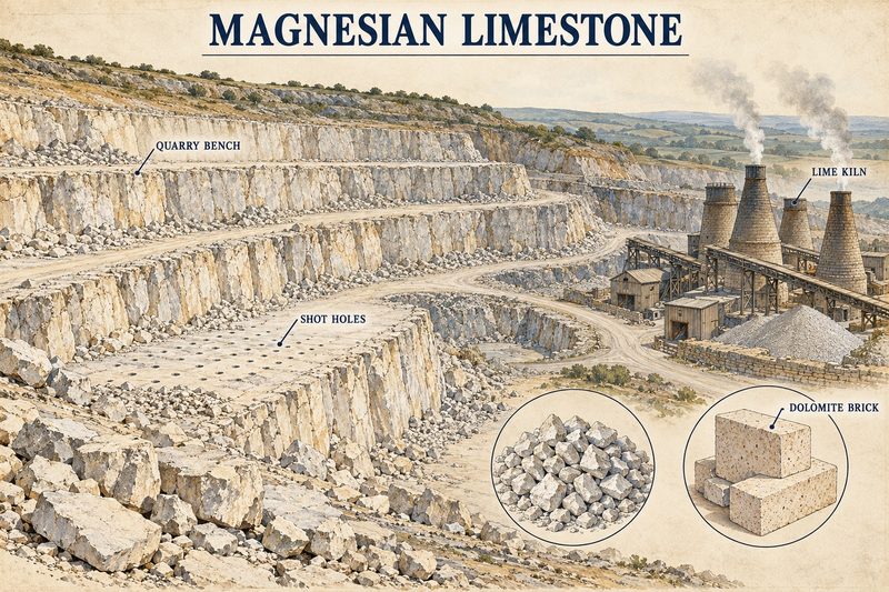 A benched magnesian limestone quarry with shot holes in the floor, lime kilns beyond, and insets of crushed stone and dolomite brick.