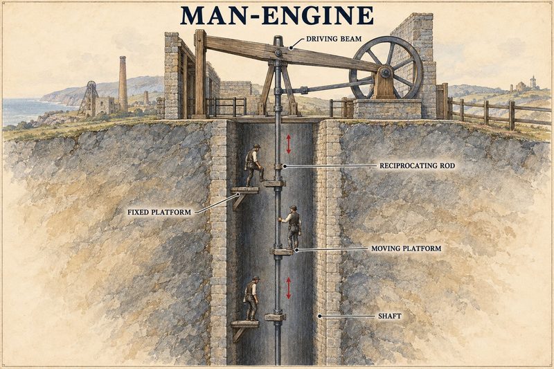 Cutaway diagram of a single-rod man-engine with moving sollars alternating with fixed shaft platforms beneath a surface driving beam.