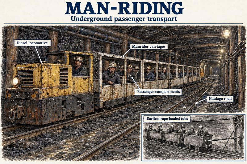 A diesel locomotive hauling a long train of manrider carriages full of miners along a timbered haulage road.