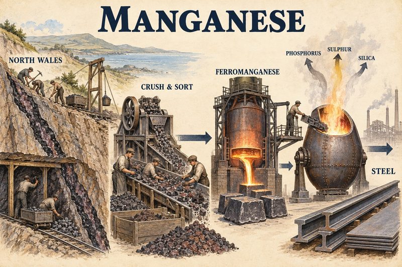 Manganese ore mined on a North Wales hillside, crushed and sorted by hand, smelted to ferromanganese, then added to a converter to carry off phosphorus, sulphur and silica from steel.