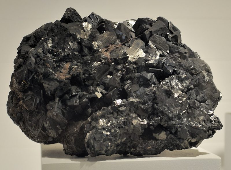 A metallic black pyrolusite specimen, the manganese oxide ore worked for both Victorian bleaching powder and, later, steelmaking.