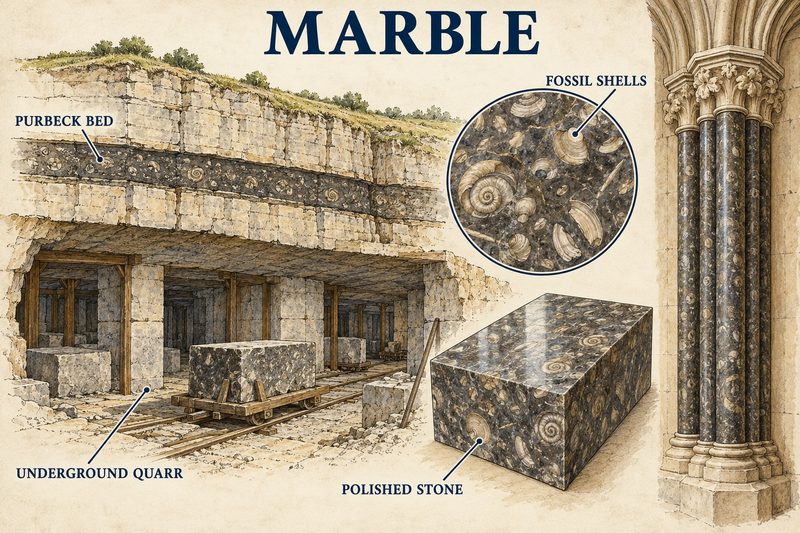 Blocks cut from the Purbeck bed in an underground quarr, a polished block full of fossil shells, and a Gothic shafted column.