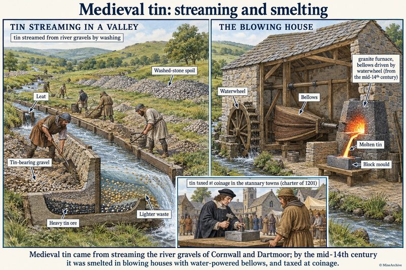 Two panels: tinners washing tin-bearing gravel in a valley channel beside rows of spoil, and a stone blowing house whose waterwheel drives bellows into a granite furnace.
