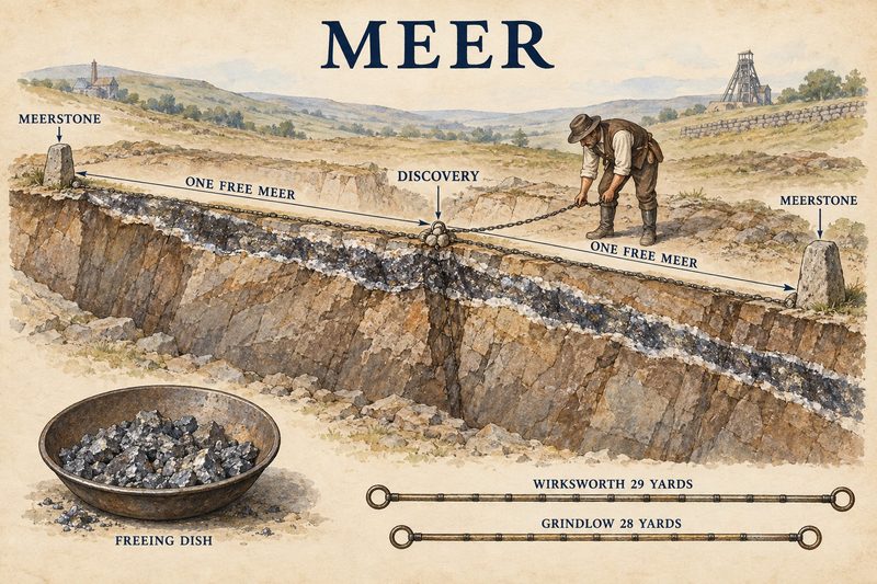 A vein in section with a discovery point and one free meer measured by chain to a meerstone on either side, the freeing dish of ore, and chains for the Wirksworth 29-yard and Grindlow 28-yard meers.