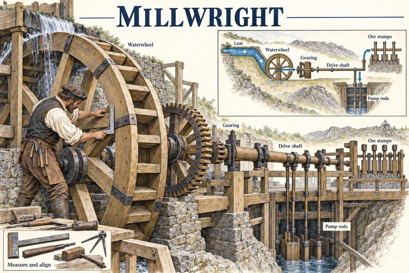 A millwright checks a waterwheel whose gearing drives a shaft working ore stamps and pump rods, with a diagram of the leat-to-pump layout and his tools.