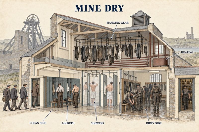 Cutaway diagram of a Cornish mine dry with clean and dirty sides, showers, lockers, heating and working clothes hoisted to dry.