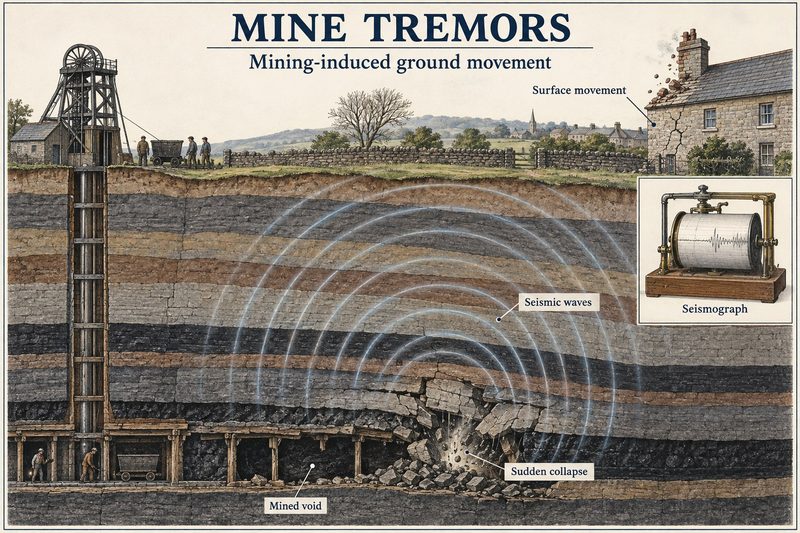 A section through the strata where a sudden collapse in a mined void sends seismic waves up to crack a house at the surface, with a seismograph inset.