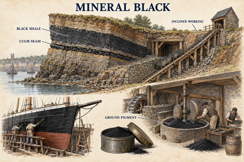 A black shale bed beside a culm seam in a riverside cliff, an inclined working, a grinding mill and a ship's hull being blacked.