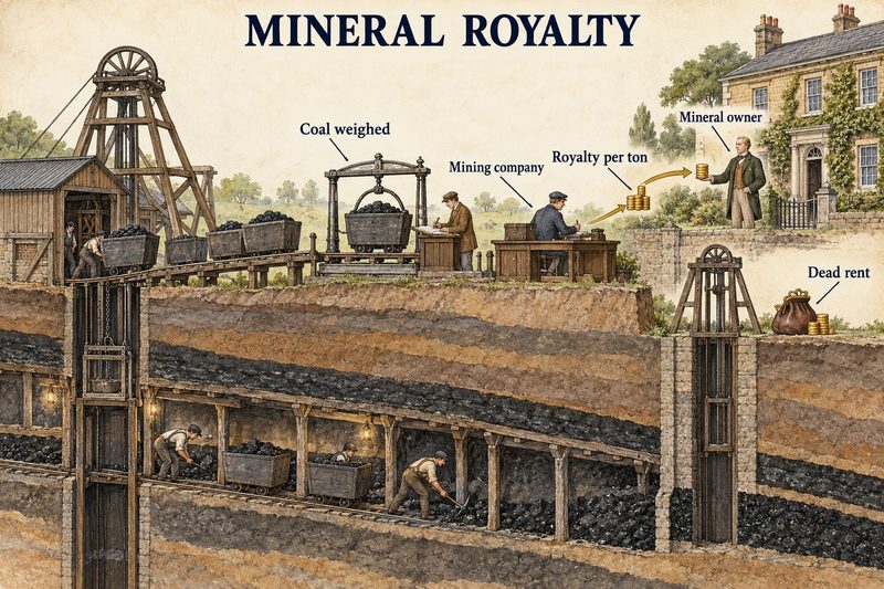 Coal raised, weighed and recorded at the pithead, with the company paying the mineral owner a royalty per ton and a dead rent when nothing is raised.