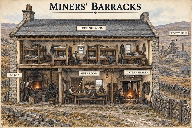 Cutaway diagram of a remote stone miners' barracks with communal bunks, mess room, drying hearth and forge.
