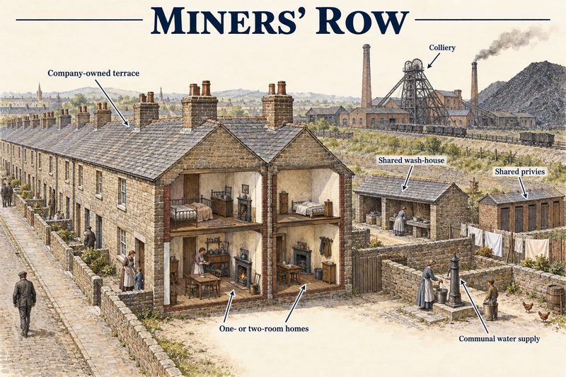 Cutaway diagram of company-owned terraced homes with shared wash-house, privies and water supply beside a nineteenth-century colliery.