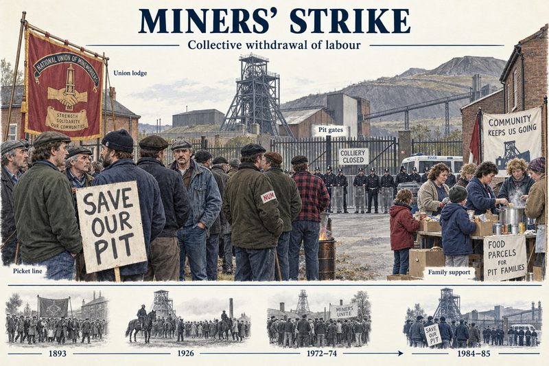 Miners with a union banner and placards picket colliery gates held by police while families run a food-parcel stall, above a timeline of 1893, 1926, 1972-74 and 1984-85.