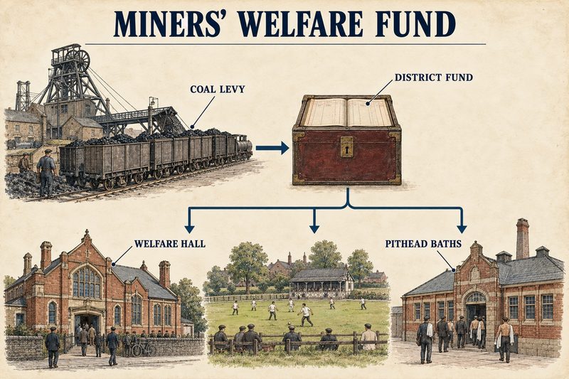 Coal output paying a levy into a district fund, which pays for a welfare hall, a recreation ground and pithead baths.