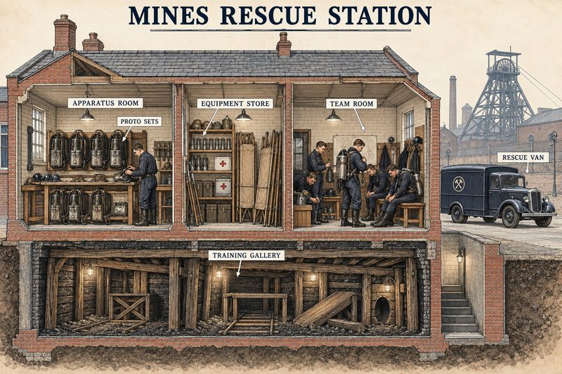 Cutaway diagram of a mines rescue station with Proto apparatus, equipment store, team room, simulated training gallery and rescue van.