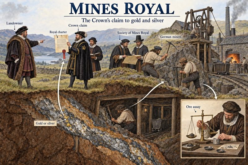 A landowner confronts Crown officials holding a royal charter while German miners work a vein carrying gold or silver, with an inset of ore being assayed.