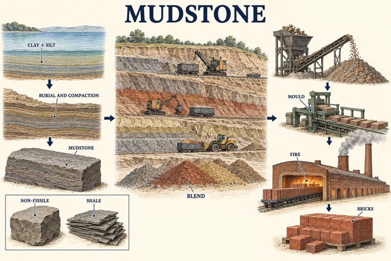 Clay and silt settling, burial and compaction into mudstone, non-fissile mudstone beside splitting shale, a benched brick-clay quarry with blended stockpiles, and moulding and firing into bricks.