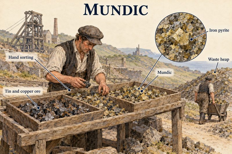 A man hand-sorting Cornish ore, separating tin and copper ore from brassy iron pyrite, mundic, which goes to the waste heap.