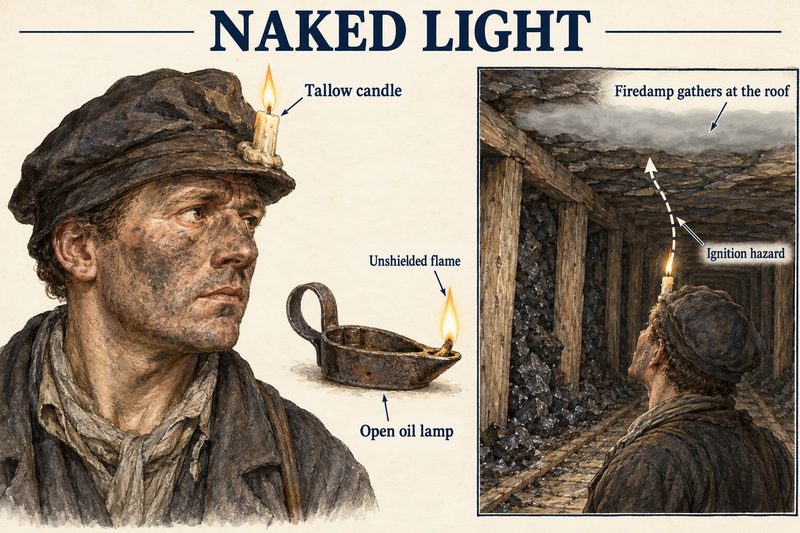 Diagram of a cap candle and open oil lamp, with an inset showing firedamp gathering at the roof above an unshielded flame.