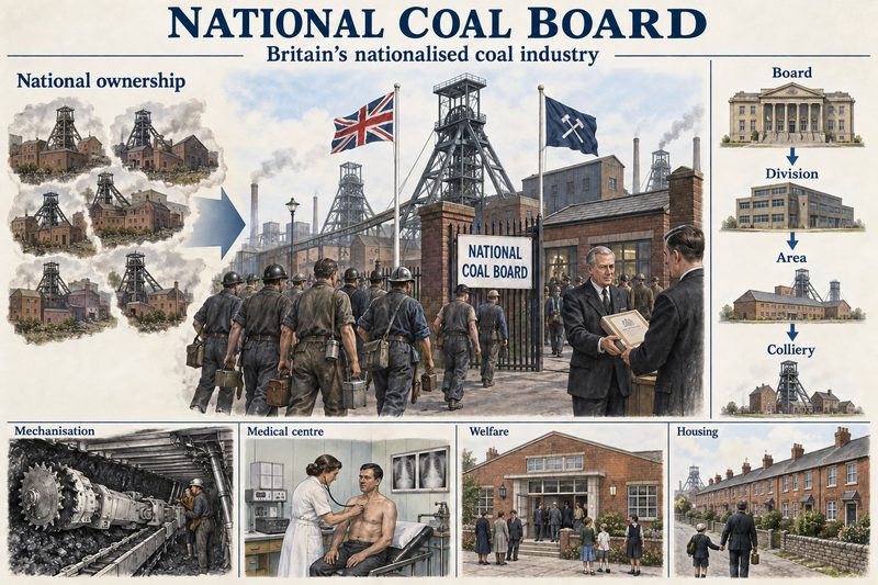 Miners enter a colliery under the National Coal Board's flag, beside a chart from the Board down to the colliery and scenes of mechanisation, medical care, welfare and housing.