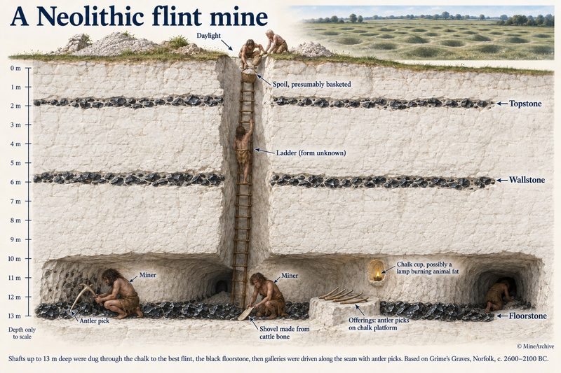 Cross-section of a 13-metre shaft through chalk past two flint seams to galleries along the black floorstone, where miners work with antler picks and bone shovels.