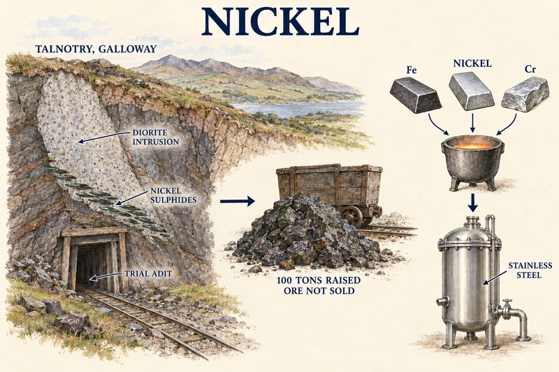 The Talnotry trial adit in Galloway beside a diorite intrusion carrying nickel sulphides, the hundred tons of ore raised and never sold, and iron, nickel and chromium melted for stainless steel.