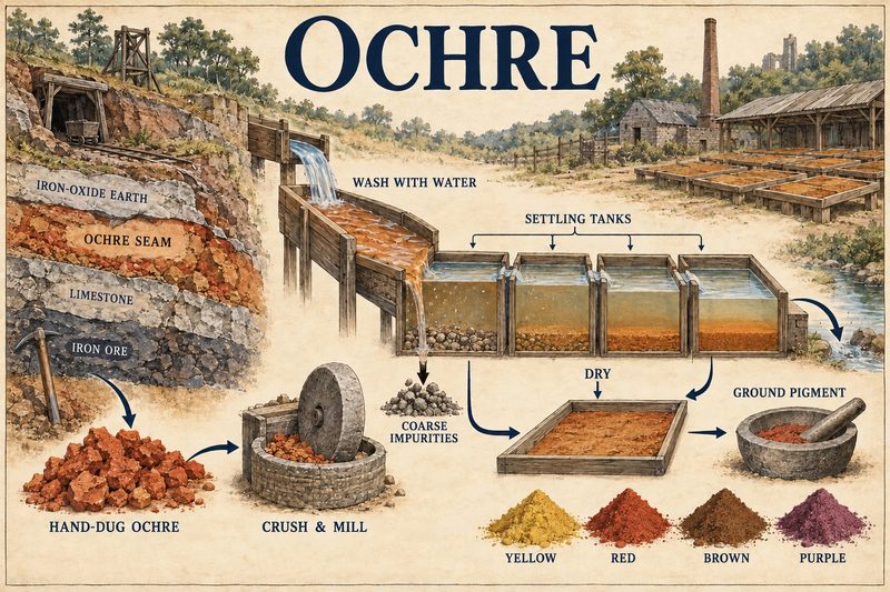 Diagram of an ochre seam hand-dug above limestone and iron ore, then crushed, milled, washed through settling tanks, dried and ground into yellow, red, brown and purple pigment.