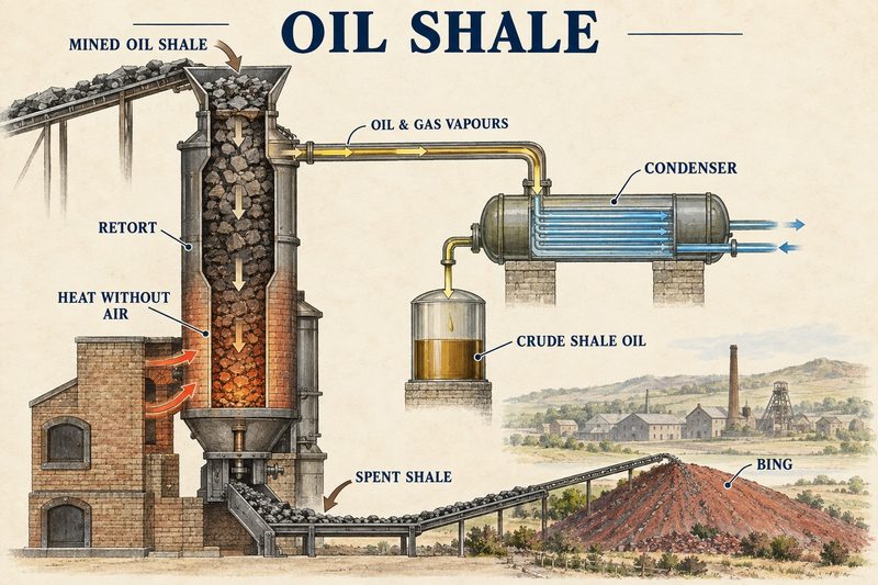 Cutaway of a vertical retort heating mined oil shale without air, the vapours passing to a condenser and crude shale oil, with spent shale carried out to the red bing.