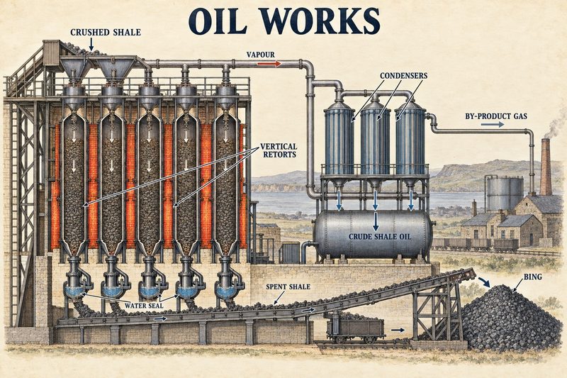 Process diagram of crushed shale passing through externally heated vertical retorts, vapour condensers and crude-oil collection, with spent shale sent to a bing.